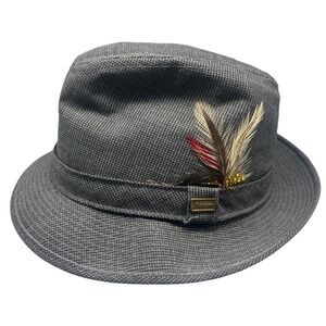 Adams Hats Mens Med Wool blend Crushable Fedora Feather Gray houndstooth Vtg USA